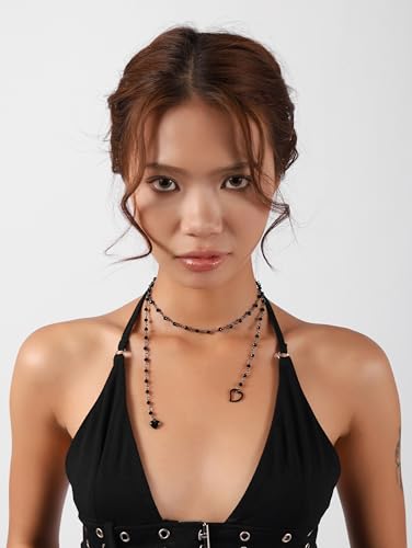 Sacina Long Lariat Beaded Heart Choker Necklace, Goth Emo Punk Grunge Necklace - color: Black