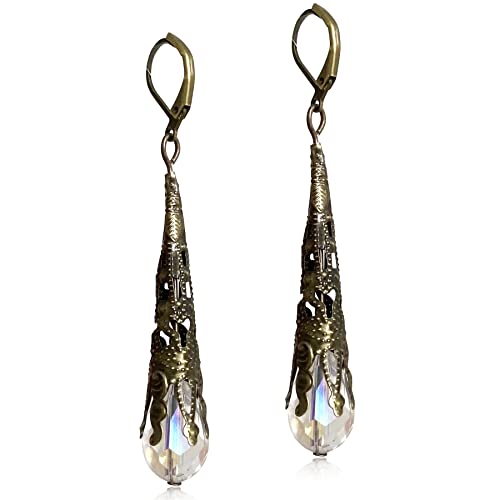 Indian Ethnic Vintage Gold Brone Sparkly Crystal Teardrop Dangle Drop Earrings Bohemian Gypsy Retro Rhinestone Hook Earrings for Women Love Statement Jewelry Gift - color: White