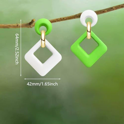 70s 80s Vintage Resin Neon Square Dangle Drop Earrings Simplicity Acrylic Hollow Round Circle Geometry Stud Earrings for Women - style: White Green