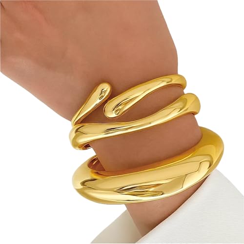 Chunky Gold Bangle Bracelets for Women – 14K Gold Plated, 3-Piece Stackable Cuff Bangles Set, Trendy Minimalist Jewelry - style: Gold-1