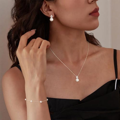 Jewelry Sets for Women,Dainty 14k Gold Plated Pearl Earrings Necklace Bracelet Fashion Silver Bridal Jewelry accessories SimpleWedding Jewelry Sets for Brides - color: gold1