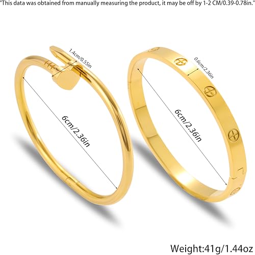 Gold Bangle Bracelets for Women -2PCS Friendship & Love Bangle Bracelet Clover Nail Bracelet Stack Set Trendy Non-Tarnish Stainless Steel Jewelry Gifts for Mom Wife Her - color: Gold-B