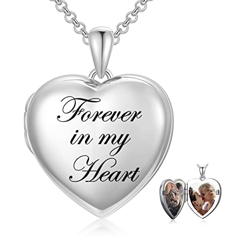 SOULMEET 10K 14K 18K Solid White Gold/Silver Minimalist Style/Infinity Sunflower Heart/Oval Locket Necklace That Holds 1 or 2 Pictures Personalized Photo Locket Necklace Letters Engraving - style: C2-Forever in my heart locket+photo