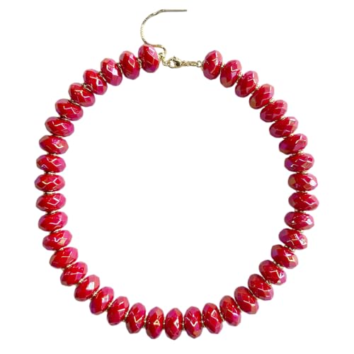 Colorful Chunky Acrylic Beaded Choker Necklaces for Women | Multicolor Faceted Beads, Sturdy Metal Chain, Adjustable Detachable, Lightweight, Summer Boho, Sparkly Statement Jewelry Gift - color: Red