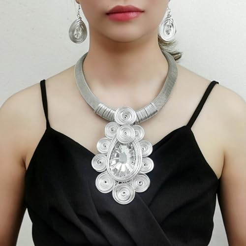 African Jewelry Sets Statement Big Crystal Pendent Necklace Earrings Set For Women Handmade Bib Collar Costume Tribal Fashion Accessories - color: KDLUN5305 Silver