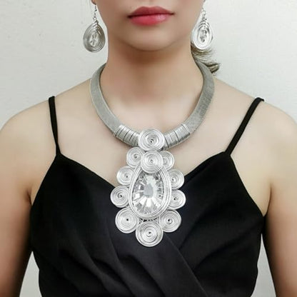 African Jewelry Sets Statement Big Crystal Pendent Necklace Earrings Set For Women Handmade Bib Collar Costume Tribal Fashion Accessories - color: KDLUN5305 Silver