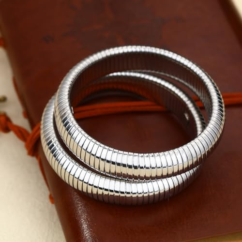 Gold Chunky Stretch Snake Chain Bangle Bracelets Stack for Women Trendy, 18K Gold Filled Stainless Steel Stretchy Womens Stackable Wristband Bangles Bracelet Set - style: SILVER 16MM 2PCS
