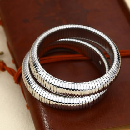 Gold Chunky Stretch Snake Chain Bangle Bracelets Stack for Women Trendy, 18K Gold Filled Stainless Steel Stretchy Womens Stackable Wristband Bangles Bracelet Set - style: SILVER 16MM 2PCS