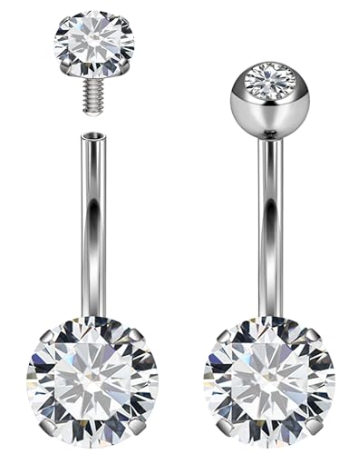 Long Belly Button Ring 6mm 8mm 10mm 12mm 14mm Surgical Stainless Steel Round Cubic Zirconia Navel Barbell Long Bar Belly Button Piercing Jewelry Silver, black, rose gold belly ring - color: 2pcs-10mm-White Belly ring Zircon+Diamond