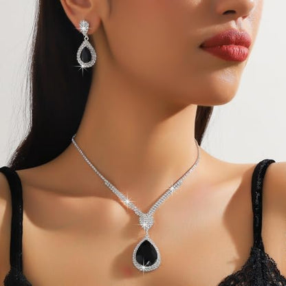 Fashion Red Black Colorful Bridal Teardrop Layered Crystal Necklace Earrings Set Sparkly Rhinestone Crystal Elegant Bridal Teardrop Shape Choker Earrings For Prom Costume Set Christmas Halloween Full Rhinestone Choker Necklace Earrings for Women - color: