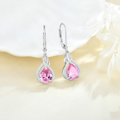 925 Sterling Silver Infinity Teardrop Earrings for Women | Lwsary Dangle Drop Leverback Earrings, Pear Shaped Birthstone Jewelry for Her - color: Pink