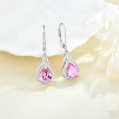 925 Sterling Silver Infinity Teardrop Earrings for Women | Lwsary Dangle Drop Leverback Earrings, Pear Shaped Birthstone Jewelry for Her - color: Pink