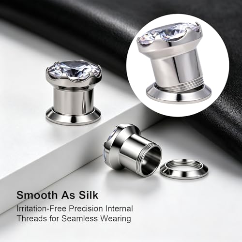 ZS 316L Stainless Steel Screw-Fit Ear Tunnel AAA+ Cubic Zirconia Ear Gauges | External Threaded Flesh Tunnels Plugs Ear Expander Stretcher Piercing Jewelry for Women Men - color: Silver, size: 2g(6mm)