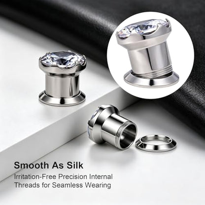 ZS 316L Stainless Steel Screw-Fit Ear Tunnel AAA+ Cubic Zirconia Ear Gauges | External Threaded Flesh Tunnels Plugs Ear Expander Stretcher Piercing Jewelry for Women Men - color: Silver, size: 9/16"(14mm)