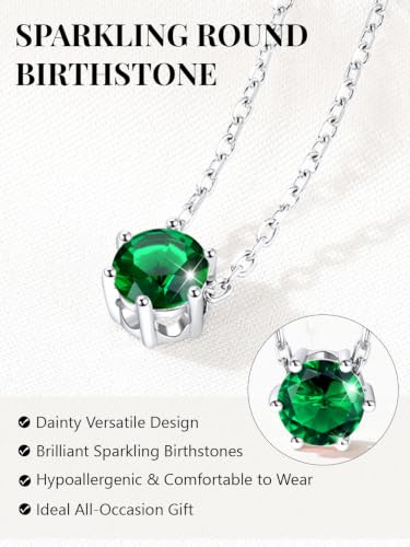 Silvora Heart/Round Birthstone Necklace for Women, Sparkling Crystal Pendant, Dainty Birth Month Jewelry, Adjustable 16"+2" Chain - color: Silver, style: May Round