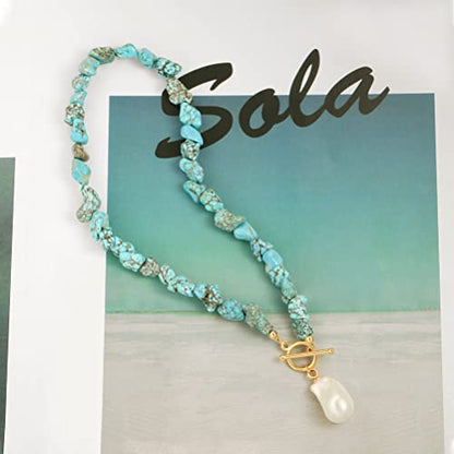 18k Gold Plated Chain Link Necklace for Women, Baroque Pearl/Compass Pendant Necklace - color: Turquoise Baroque