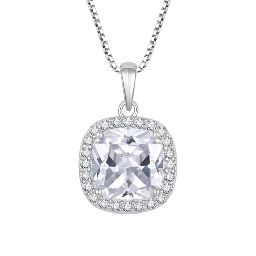 Birthstone Necklace for Women 925 Sterling Silver Princess Cut Halo Necklace Pendant Jewelry for Mom Wife - color: White