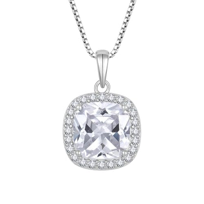 Birthstone Necklace for Women 925 Sterling Silver Princess Cut Halo Necklace Pendant Jewelry for Mom Wife - color: White