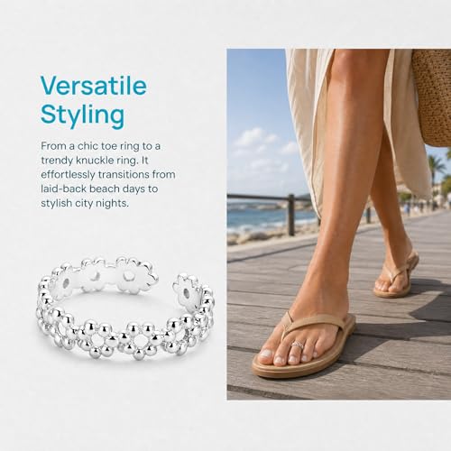 Flower Toe Ring for Women Hawaiian Leaf Big Rings Chic Design Adjustable 925 Sterling Silver Toe High Polish Flower Rings Comfort Fit Rings Pure Stainless Steel Floral Band Stylish Toe Rings