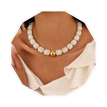 VIBILIA Boho Beaded Chunky Statement Necklace for Women Y2K Summer Jewelry | Boho Handmade Large Resin Bead Strand, Trendy Statement Summer Vacation Holiday Jewelry - color: Square-White
