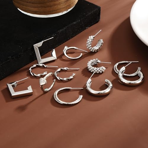 IFKM 24 Pairs Gold Hoop Earrings Set for Women Hypoallergenic Chunky Chain Twisted Open Hoops Dangle Earring Packs for Birthday Party Christmas Fashion Jewelry Gift - color: 24 Pairs Silver