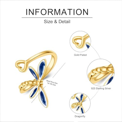 Dragonfly Toe Ring for Women 925 Sterling Silver Dragonfly/Butterfly/Cat/Paw Toe Rings Adjustable Open Ring for Women Christmas Jewelry Gift - color: Dragonfly-Toe-Yellow Gold