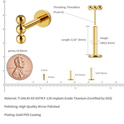 1PC ASTM F136 Titanium Mini Threadless Flat Back Stud 18G 6mm 8mm for Conch Helix Flat Tragus Labret - color: Linear Cluster - Gold