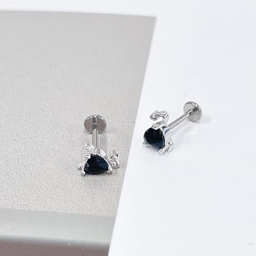18G Little Devil Heart Lip Ring Stainless Steel Cubic Zirconia Labret Jewelry for Monroe Medusa Tragus Nose Conch Helix Hypoallergenic Cartilage Earring Stud Bar Body Jewelry for Women - color: Black