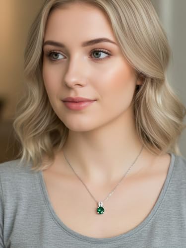 CYW Genuine Sapphire/Emerald/Ruby/Moissanite Necklace for Women, Really Authentic Solid 925 Sterling Silver, 16"/18"/20" Adjustable Chain, Anniversary Mother's Day Valentines Gift - color: Emerald - Round - White Gold, size: 8mm