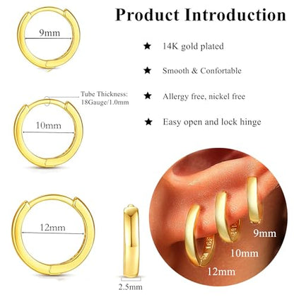 ORANGELOVE 3 Pairs 14K Gold Plated Huggie Hoop Earrings Set for Women or Men Lightweight Hypoallergenic Small Hoop Earring Pack Multiple Piercing Stacks Cartilage Piercing Jewelry - style: Gold-9/10/12mm