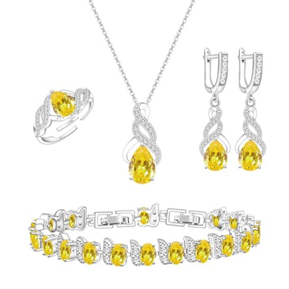 LMXXVJ Jewelry Set for Women,Teardrop Cubic Zirconia Necklace Earrings Adjustable Ring Bracelet Jewelry Set Formal Jewelry Gift - color: MHSD-White Gold-Yellow