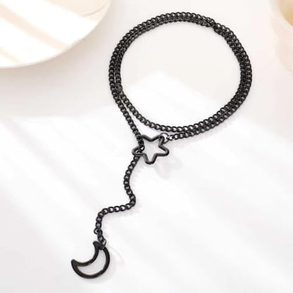 Heart Slip Chain Necklace for Women, 36 Inch Gothic Punk Cuban Chain, Removable Black Heart O-Ring, Detachable Heart Pendant, Adjustable Stainless Steel Y-Necklace. - color: star moon