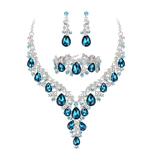 Wedding Bridal Necklace Earrings Jewelry Set for Women | Gorgeous Austrian Crystal Teardrop Flower Cluster for Bridal Bride Bridesmaid - color: 3Pcs-Blue Topaz