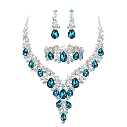 Wedding Bridal Necklace Earrings Jewelry Set for Women | Gorgeous Austrian Crystal Teardrop Flower Cluster for Bridal Bride Bridesmaid - color: 3Pcs-Blue Topaz