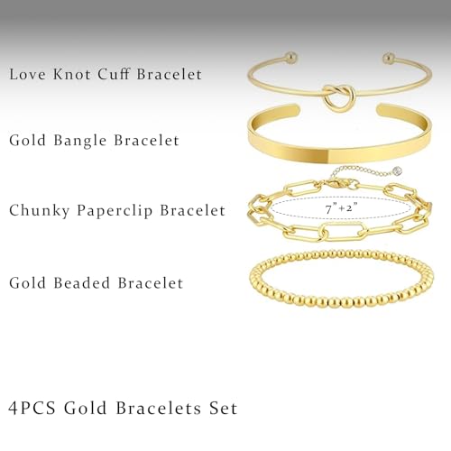 HERIER Gold Bracelets for Women 18k Gold Plated Bracelet Stack Bangle Cuff Bracelet Set for Women Non Tarnish Beaded/Paperclip/Cuban Link Chain Bracelets Jewelry for Women Trendy - style: Bangle Paperclip4-Gold