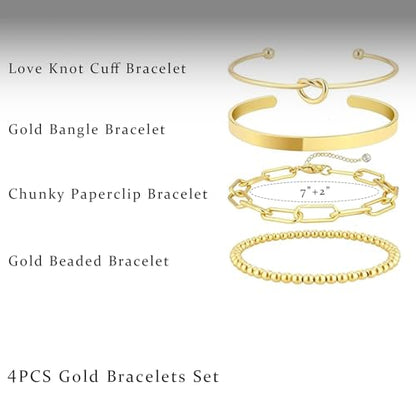 HERIER Gold Bracelets for Women 18k Gold Plated Bracelet Stack Bangle Cuff Bracelet Set for Women Non Tarnish Beaded/Paperclip/Cuban Link Chain Bracelets Jewelry for Women Trendy - style: Bangle Paperclip4-Gold
