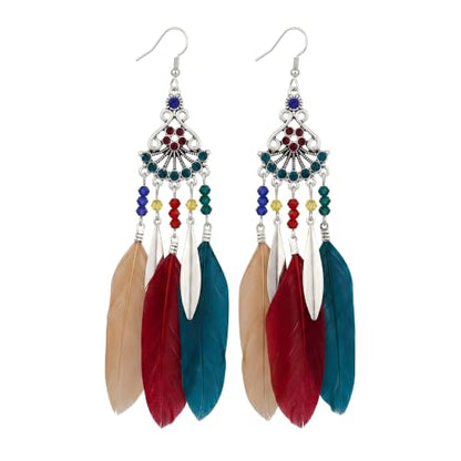 FRESHME Feather Earrings for Women - Native American Jewelry Boho Dangle Ethnic Indian Ear Drop for Music Festival Birthday - color: Dark Coloful