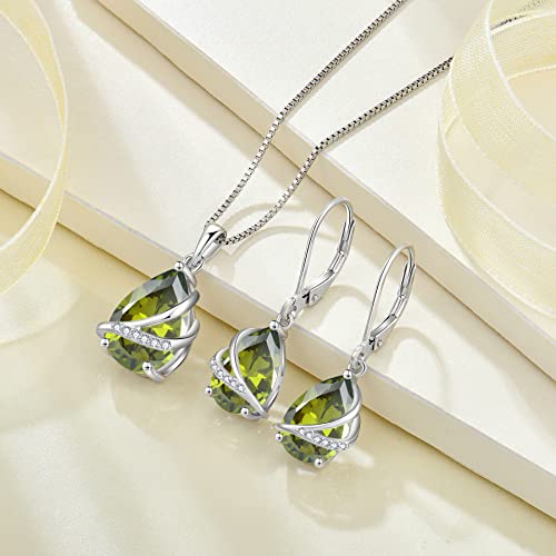 Birthstone Pendant Necklace 925 Sterling Silver Teardrop Jewelry for Women - color: Olive Green