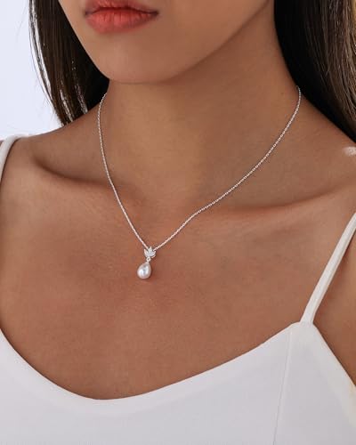 Pearl Necklaces for Women Trendy 14k Gold Plated Cubic Zirconia Pearl Pendant Necklace Valentines Day Wedding Birthday Mother's Day Gifts Dainty Gold Necklace for Women - color: Style 2 - Silver Necklace