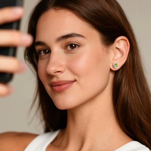 Bestyle 8mm Small Birthstone Earrings for Women with Hypoallergenic Sterling Silver Post,Sparkle Heart/Round Womens Studs Earrings, Great Birthday/Christmas/Anniversary Jewelry for Wife Mother - color: 08. Aug.Peridot-Round