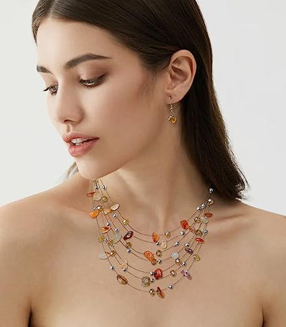 Multi-Layer Boho Shell Beaded Necklace for Women Colorful Crystal Strand with Silver Beads Statement Collars Necklace and Earrings Costumes Jewelry Sets for Women - color: 48-Agate red