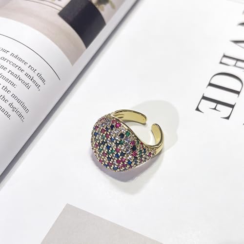 Luxury Dome Cubic Zirconia Adjustable Open Statement Ring for Women Men Gold-Tone Dainty Sparkly Crystal Colorful Rhinestone Geometry Statement Stacking Finger Band Wedding Party Fashion Jewelry - color: Colorful