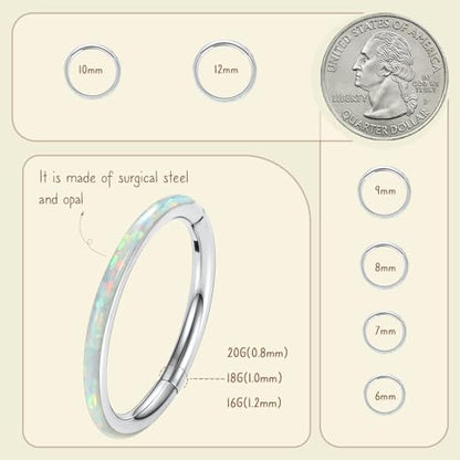 AROWRO Nose Rings Hoops with Opal Hinged Nose Rings for Women Surgical Steel Septum Rings 16G 18G 20G Conch Helix Daith Piercing Jewelry Diameter 6mm-12mm - color: Silver&White Opal, size: 16G(1.2mm)-8mm