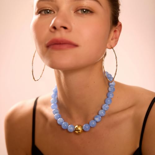 Multicolor Chunky Beaded Necklace, Statement Colorful Round Ball Beads Choker Necklace with Gold-Tone Adjustable Chain, Fashion Bold Neck Jewelry for Women - color: 16mm-Lake Blue
