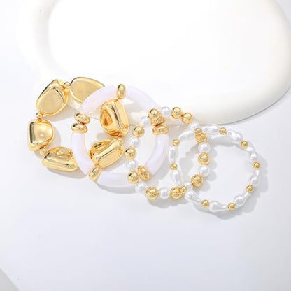 GOOJIDS Simple Beaded Gold Plated Bangles Bracelet Chunky Bamboo Tube Curved Stacking Clear Acrylic Colorful Beads Stretchable Gold Plated Bracelets Set For Women - color: T Chunky Gold Beads Set