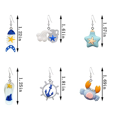 6 Pairs Irregular Ocean Nautical Anchor Rudder Earrings Personality Earthen Jar/Starfish/Fishbone Drop Dangle Earrings Jewelry Gifts For Women