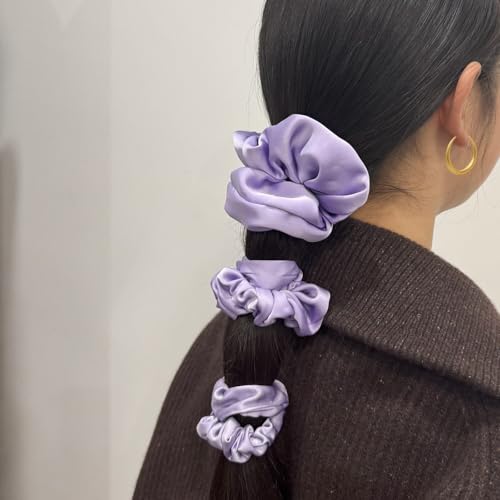 3 Pieces Satin Scrunchies Set for Hair No Crease Elastic Hair Ties for Women and Girls (Purple) - color: Purple