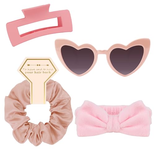 Semato 4 Pcs Pink Bridesmaid Proposal Gifts Bridesmaid Spa Headband, Hair Claw Clips, Heart Shaped Sunglasses and Smooth Satin Scrunchies - color: Pink
