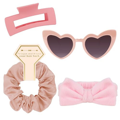 Semato 4 Pcs Pink Bridesmaid Proposal Gifts Bridesmaid Spa Headband, Hair Claw Clips, Heart Shaped Sunglasses and Smooth Satin Scrunchies - color: Pink