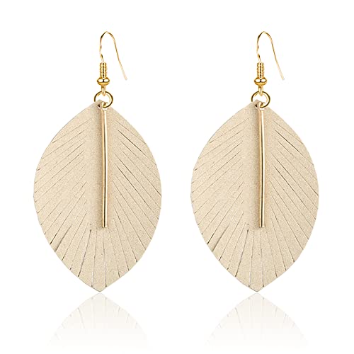GBAHFY Feather Leather Layered Fringe Earrings for Women Boho Genuine Lightweight Leather Leaf Tassel Dangle Statement Earrings with Metal Bar - color: Beige